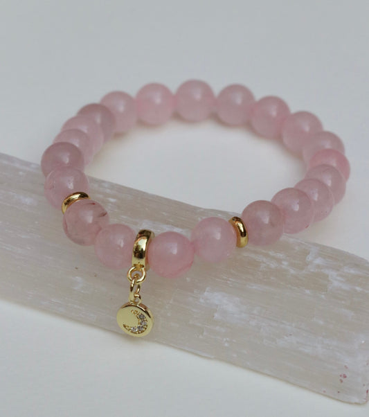 Rose Quartz Bracelet With CZ Moon Charm