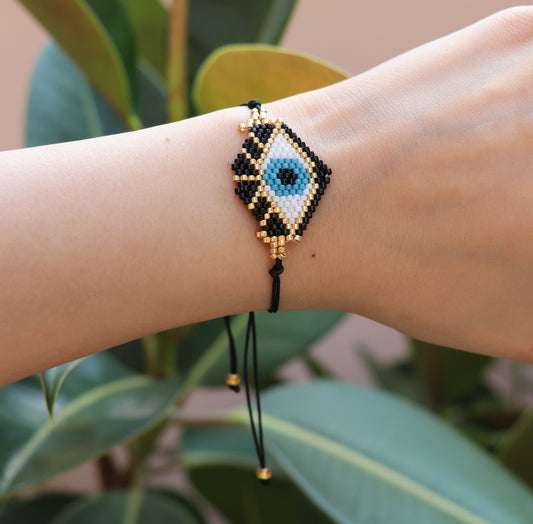 Evil Eye Seed Bead Bracelet (Black)