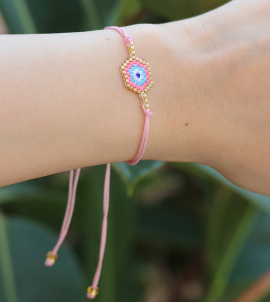 Evil Eye Seed Bead Bracelet (Pink)